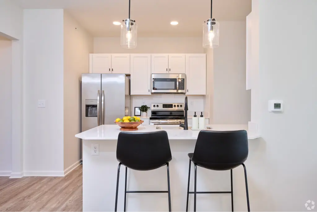 Floor plan A kitchen view, 2 bed 2 bath, 1100 sq ft